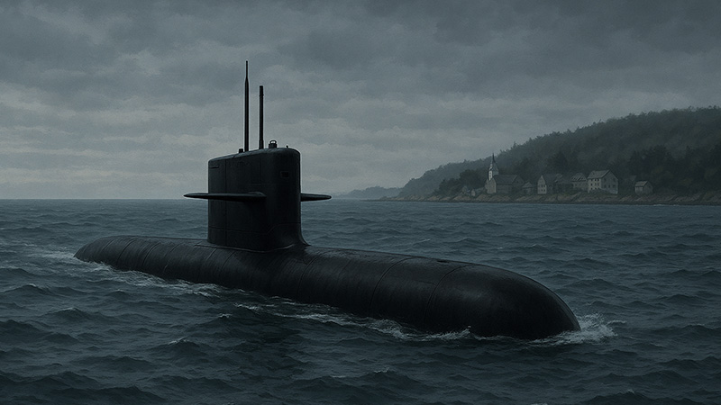 A sleek black submarine surfacing.